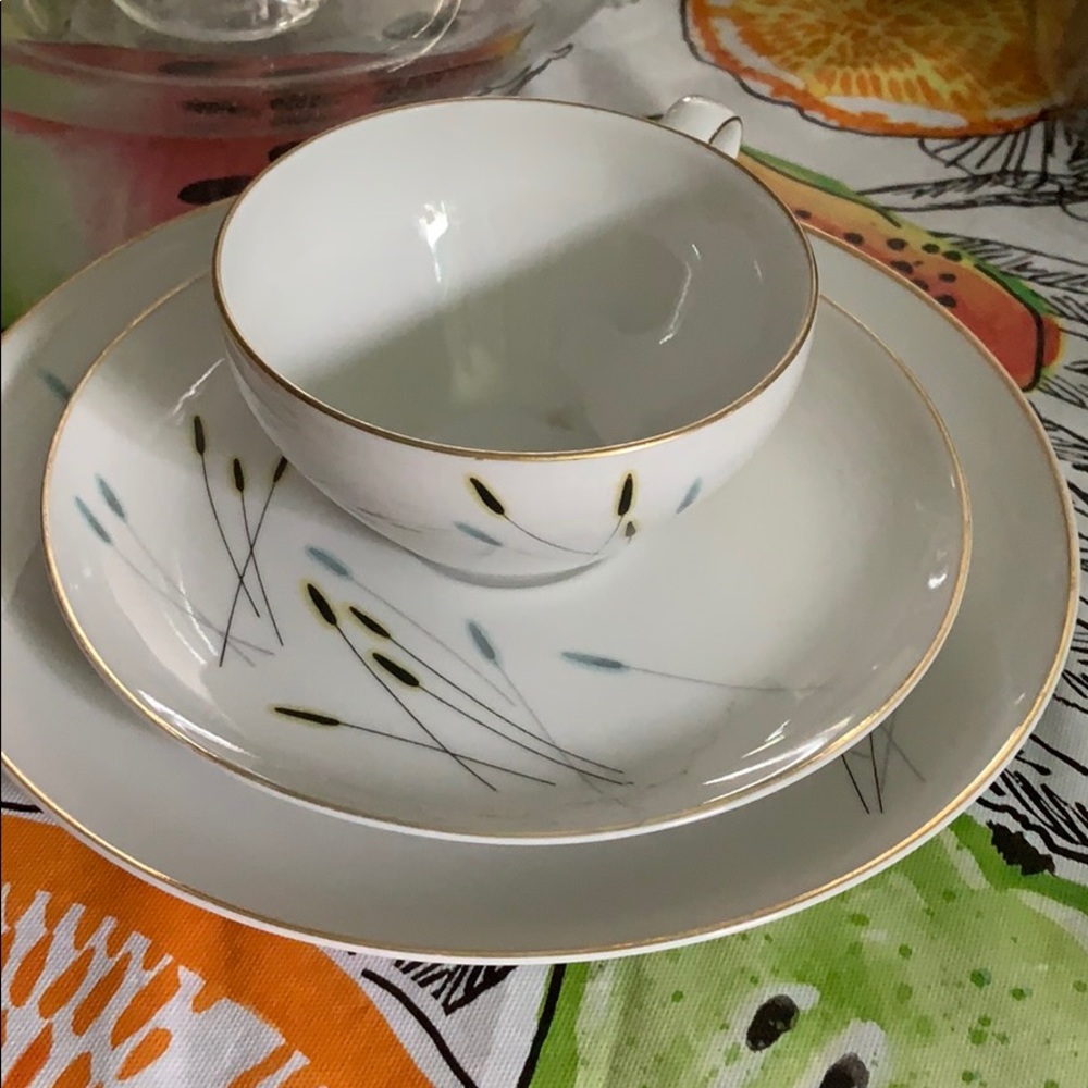 Vintage Schonwald Blue, brown cattails cup, saucer
